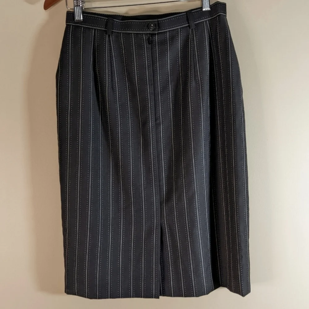 Vintage Escada Black Butterfly Wool Pinstripe Pencil Skirt